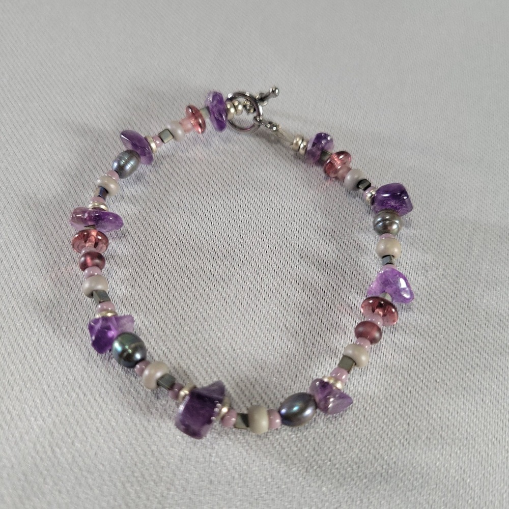 Amethyst Garnet Tahitian Pearl Bracelet Women 6.25 Purple Boho Beaded Toggle